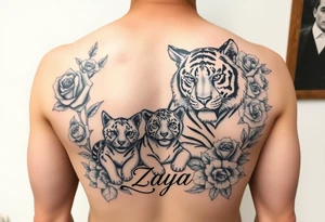 Beautiful, strong and fierce adult female tiger and her cub surrounded by roses and flowers with my daughters name “Zaya” tattoo idea