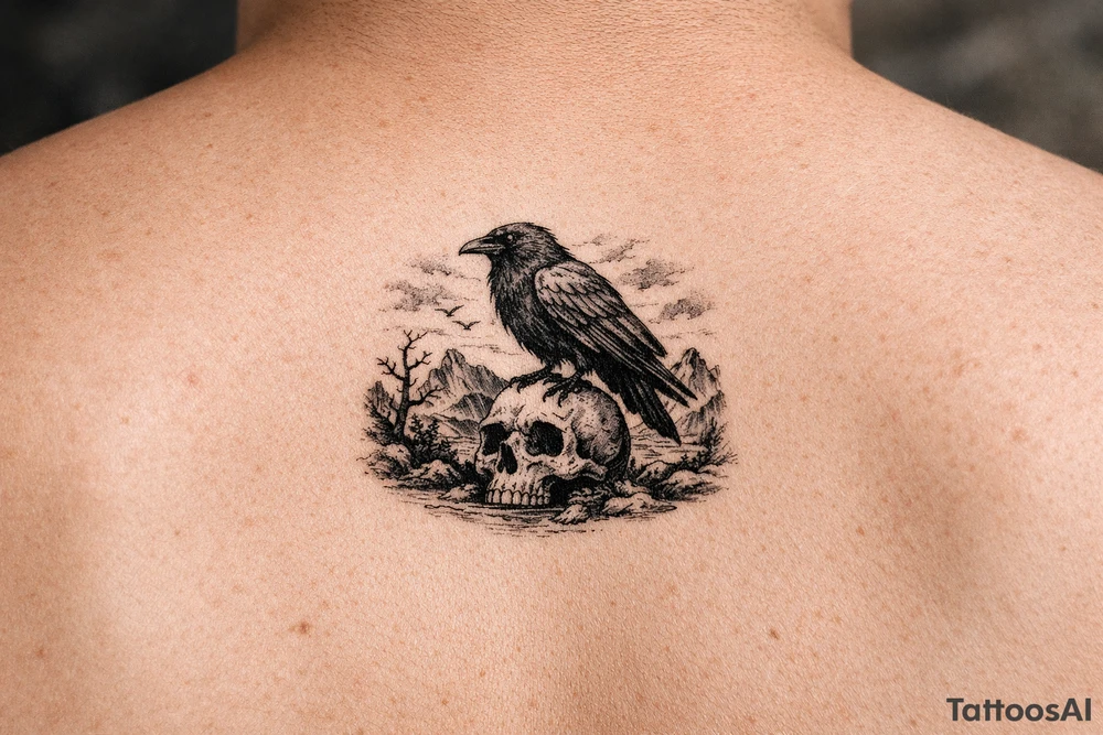 a raven sitting on a skull, landscape. tattoo idea