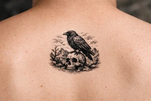 a raven sitting on a skull, landscape. tattoo idea