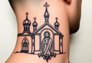 medium sized Russian orthodox church with bulb domes with a prominent russian orthodox mosaic jesus tattoo idea
