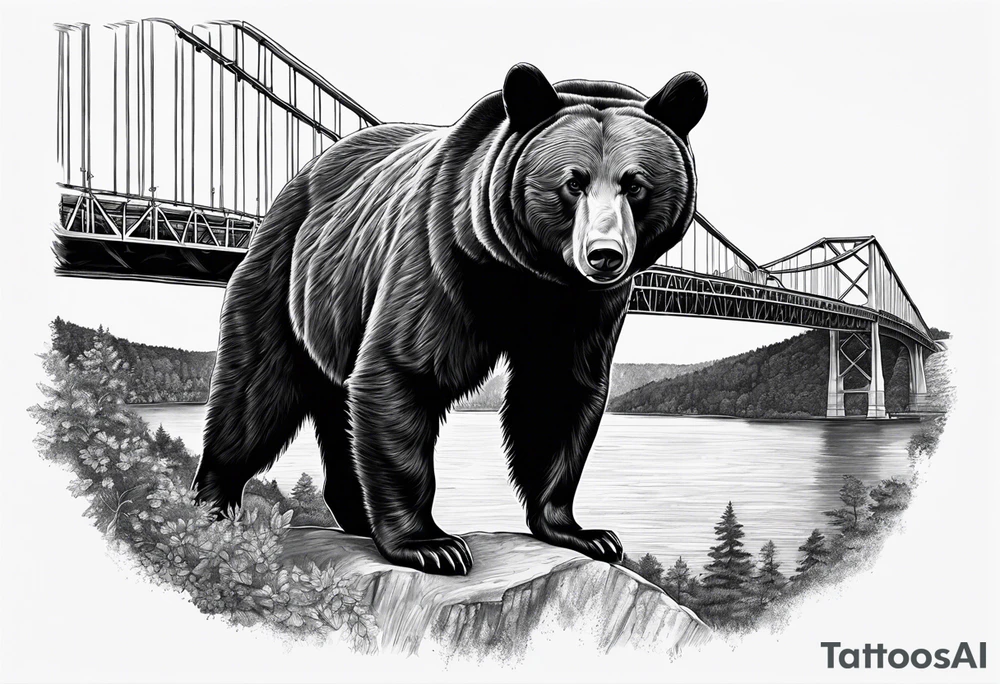 Large thigh tattoo, realism, black and white, black bear with the new river gorge bridge in the background tattoo idea