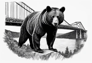 Large thigh tattoo, realism, black and white, black bear with the new river gorge bridge in the background tattoo idea