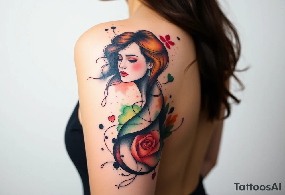 Desenhe uma tatuagem que simbolize uma mulher feminista de 41 anos, mãe de dois filhos homens, independente e filósofa inspirada nas teorias de Deleuze. A tatuagem deve expressar força, liberdade e conexão com a multiplicidade da vida, incorporando elementos abstratos e fluidos, com linhas que sugiram movimento e transformação contínua. Evite clichês e busque um design original e significativo. tattoo idea