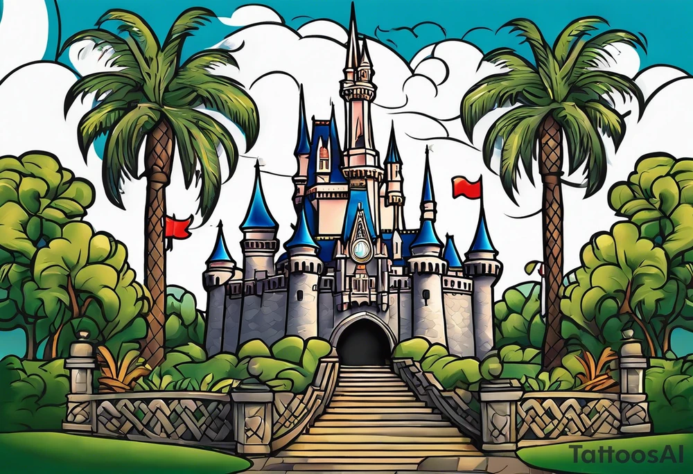 disney world castle with mickey mouse holding a knife in one hand and a stick in the other hand with palm trees and the celtic symbol for family tattoo idea