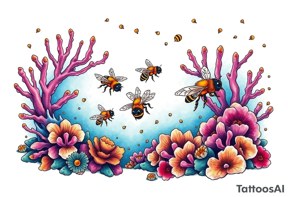 Coral reef scene with honey bees swimming tattoo idea
