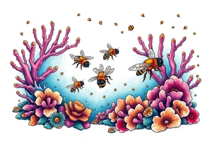 Coral reef scene with honey bees swimming tattoo idea