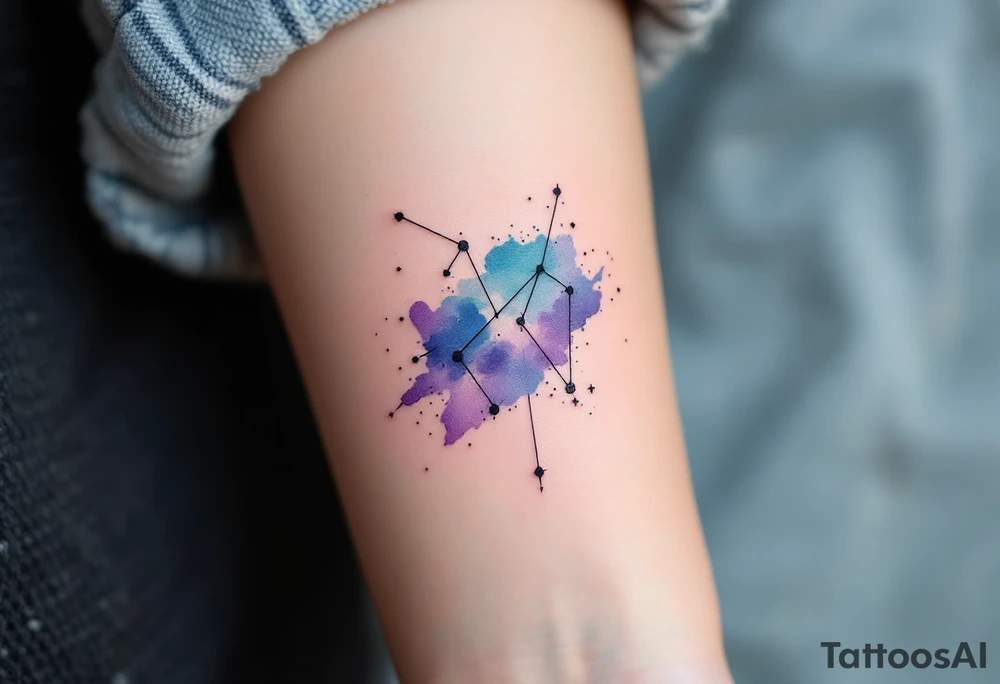 A watercolor-style Sagittarius constellation in shades of indigo, teal, and violet splashed across the forearm like a night sky. tattoo idea