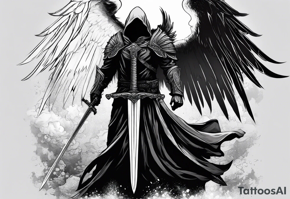 realistic angel of death, man, full body, no face visible, holding one sword, sword pointing downwards, both hands are holding the sword tattoo idea