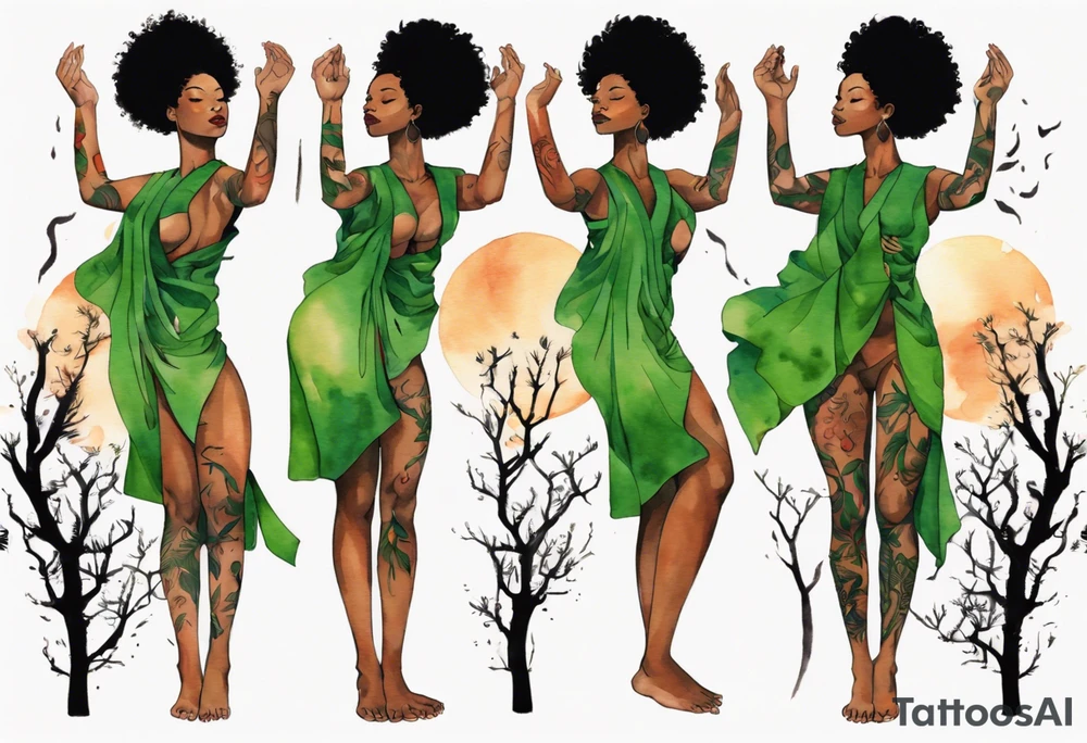 a black woman wearing a green tunic with the lower-half of a tree, her arms raised towards a blazing sun in the sky, with legs made out of tree roots tattoo idea