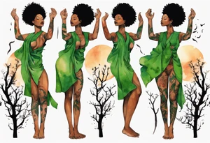 a black woman wearing a green tunic with the lower-half of a tree, her arms raised towards a blazing sun in the sky, with legs made out of tree roots tattoo idea