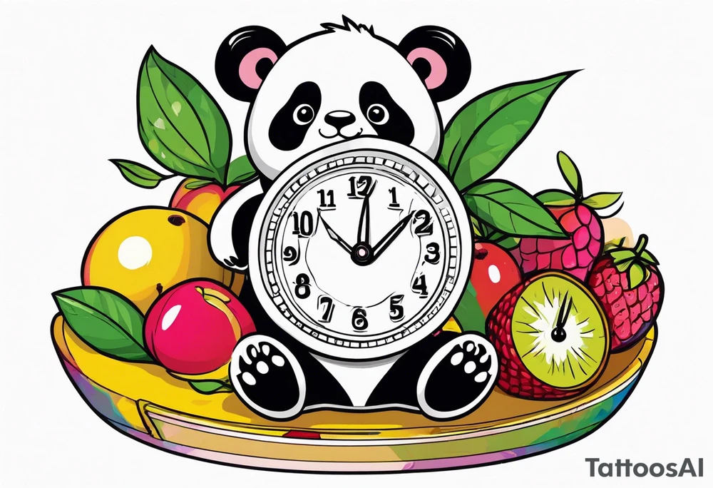 Baby panda in a fruit scale displaying 7.11 lbs and a digital clock showing 1:17 tattoo idea