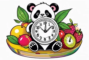 Baby panda in a fruit scale displaying 7.11 lbs and a digital clock showing 1:17 tattoo idea