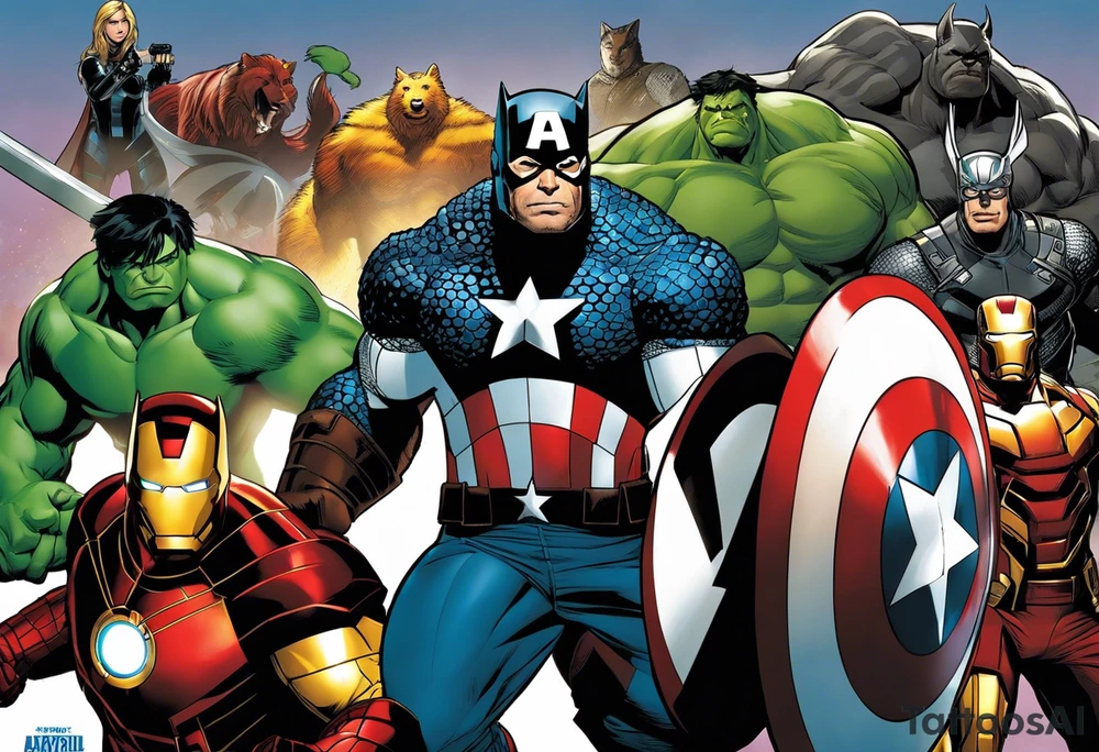 I want to change Avengers Team characters with animals. Hulk will be represented by a Badger.
Thor will be depicted as an Alpha Grey Wolf.
Captain America will be symbolized by a Bull.
Iron Man's character will be embodied by a Canary.
Black Widow's role will be portrayed by an Axolotl.
Hawkeye will be depicted as a Sudan Plated Lizard.
Nick Fury will be represented by a Cat. tattoo idea