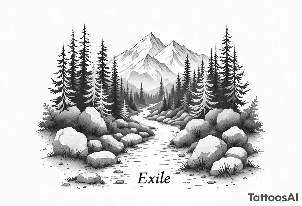 A path in the woods with mountains in the background, the word "Exile" blended in the drawing tattoo idea