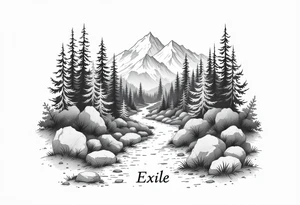 A path in the woods with mountains in the background, the word "Exile" blended in the drawing tattoo idea