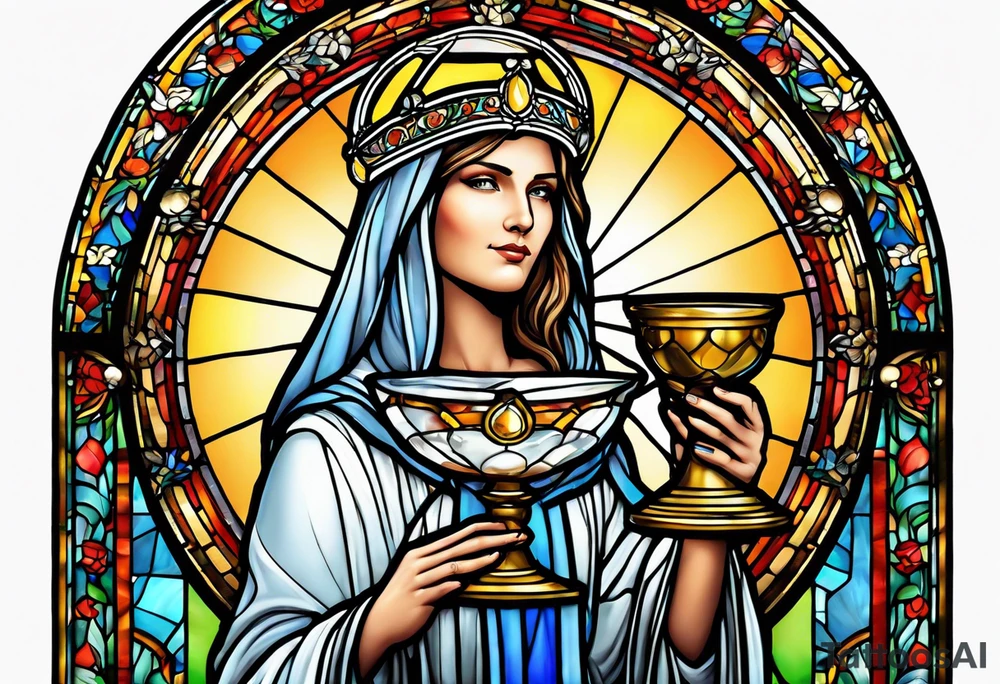 holy saint woman with halo stained glass holding a chalice with artillery tattoo idea
