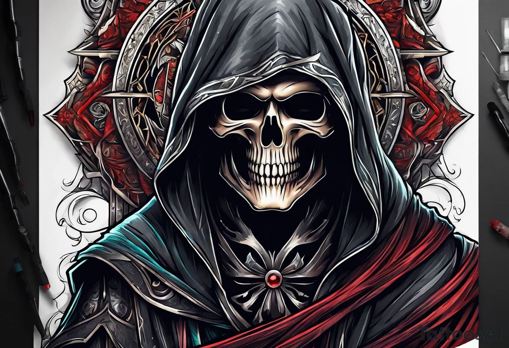 A full body grim reaper with his hood completely off, a halo above his head. tattoo idea