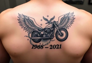 Dale Earnhardt car on it with the year 1958 - 2021 intertwined with a motorcycle on it with guardian angel wolves tattoo idea