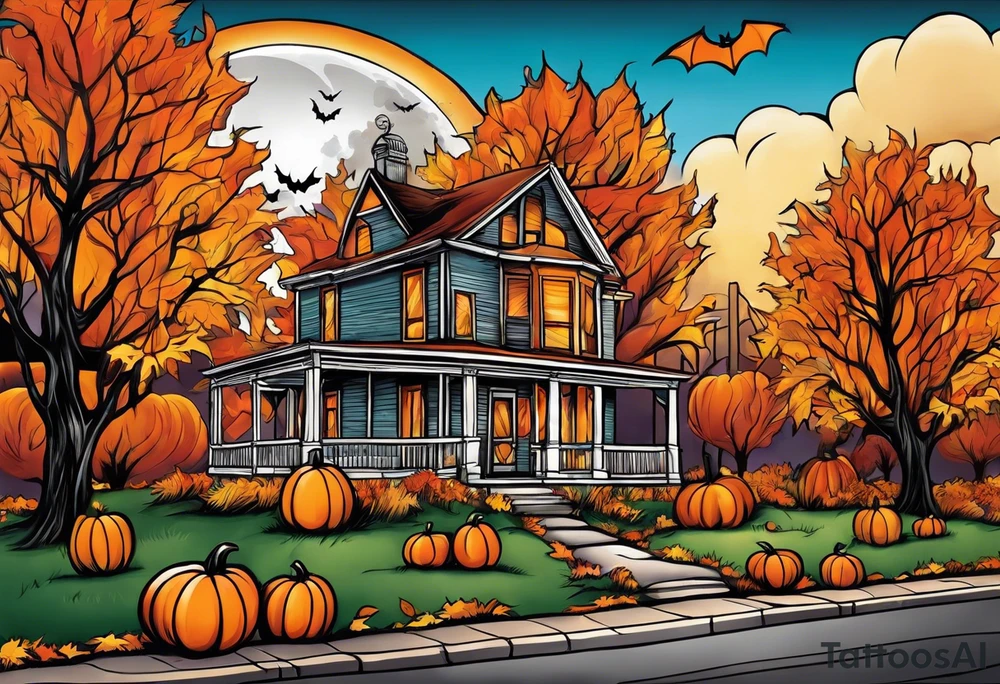 Midwestern street in fall with Halloween pumpkin tattoo idea