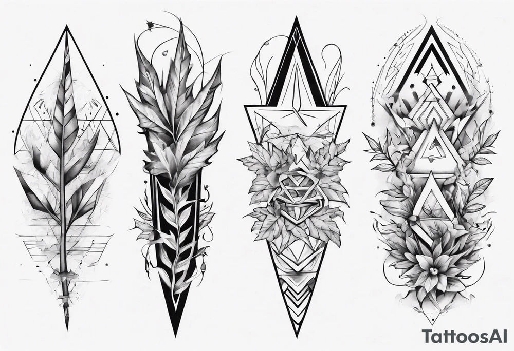 full arm tattoo. pointy leaves and geometric shapes tattoo idea