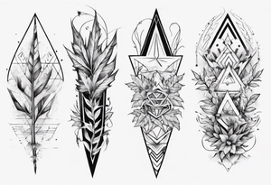 full arm tattoo. pointy leaves and geometric shapes tattoo idea