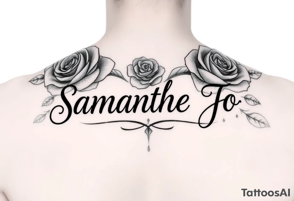 Name Samantha Jo with roses behind tattoo idea