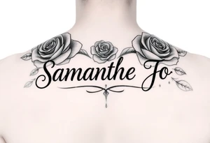 Name Samantha Jo with roses behind tattoo idea