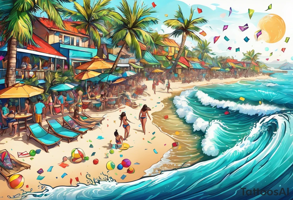 SURFING SAFARI BEACH PARTY WITH CONFETTI AND MUSIC NOTES, TROPICAL DRINKS, SEXY BIKINIS tattoo idea