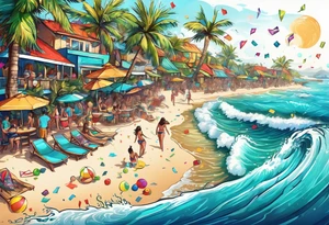 SURFING SAFARI BEACH PARTY WITH CONFETTI AND MUSIC NOTES, TROPICAL DRINKS, SEXY BIKINIS tattoo idea