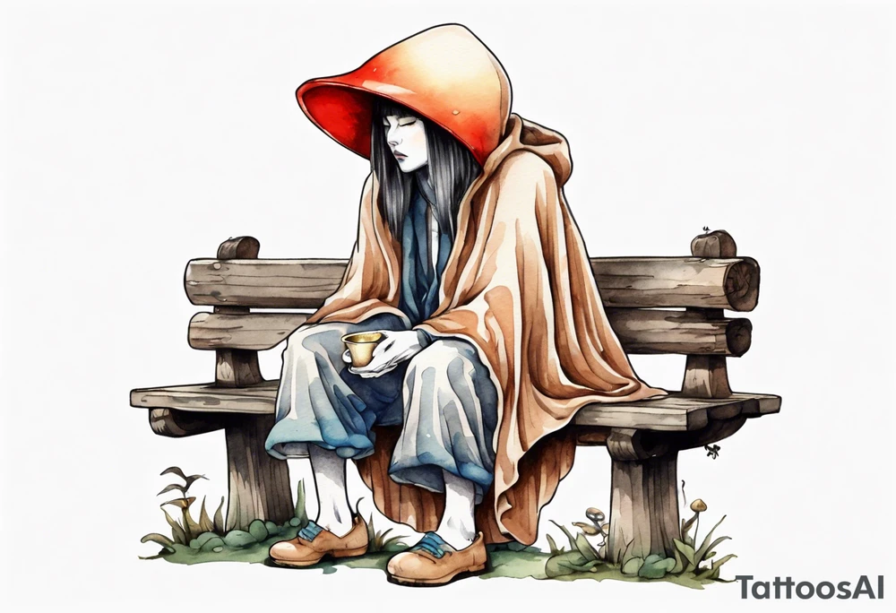 mushroom wearing a cloak sitting on a bench drinking from a wood cup tattoo idea