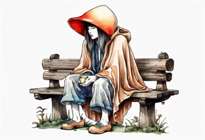 mushroom wearing a cloak sitting on a bench drinking from a wood cup tattoo idea