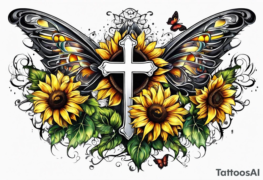 Winged cross with sunflower and butterflies tattoo idea