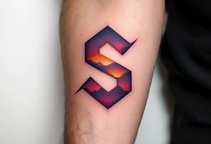 A vibrant sunset-gradient "S" transitioning from orange to pink to deep purple. tattoo idea