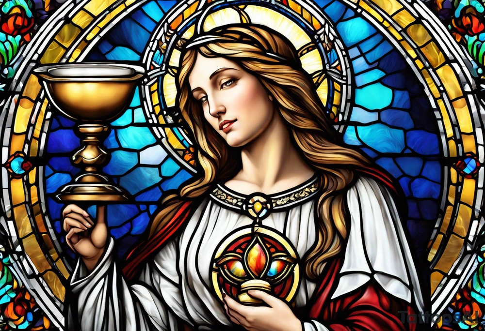 holy saint woman with halo stained glass holding a chalice tattoo idea