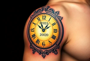 A timeless grandfather clock with delicate engravings, with the birth time and date "02. 03. 2020" glowing in soft golden light, in warm sepia and gold hues tattoo idea