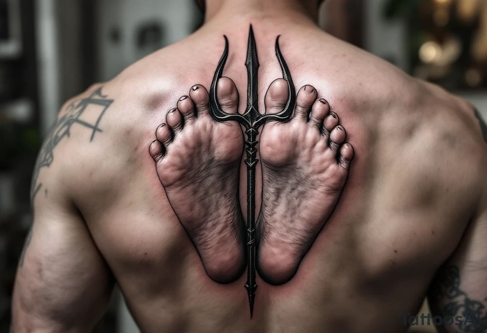 barefeet behind trident tattoo idea