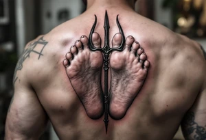barefeet behind trident tattoo idea