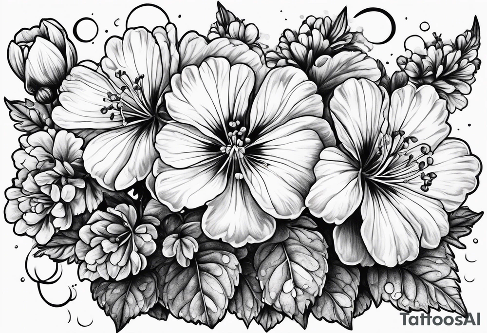Geraniums as rain with a crescent moon behind tattoo idea