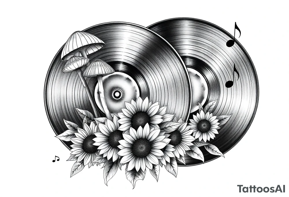 two overlapping vinyl records with mushrooms, sunflowers, and music notes tattoo idea