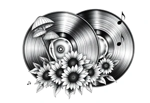 two overlapping vinyl records with mushrooms, sunflowers, and music notes tattoo idea