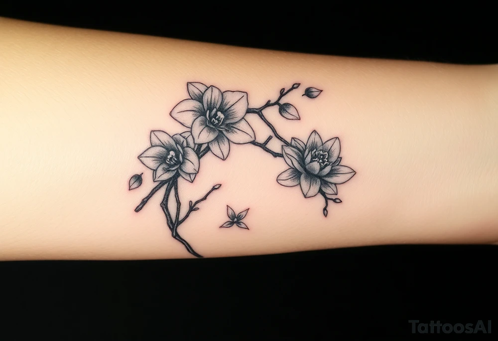 Orchid or cherry blossom tree and lotus and snake on a woman tattoo idea