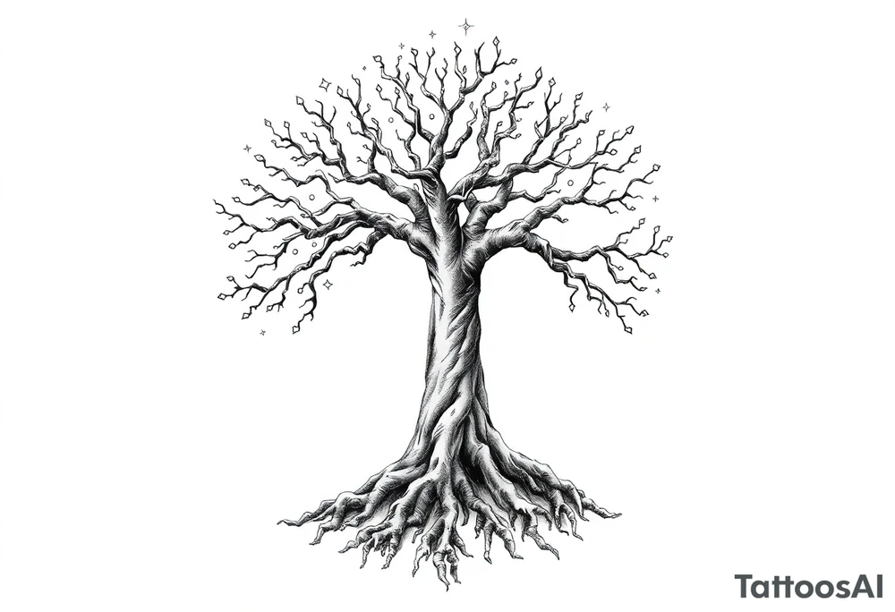 mystical tree of life with cosmic roots and celestial branches tattoo idea