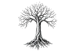 mystical tree of life with cosmic roots and celestial branches tattoo idea
