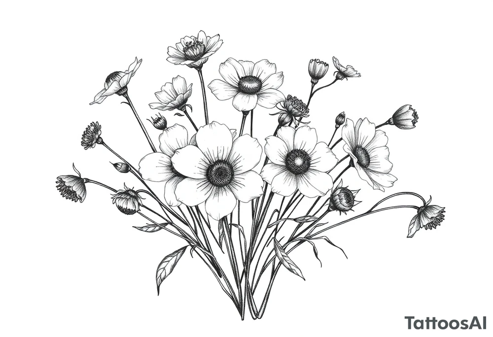 A cluster of wildflowers, with solid black shadows at the base and lighter stippling toward the petals. Some flowers in full bloom while some flowers dying, with petals dropping, symbolizing the passage of time. tattoo idea