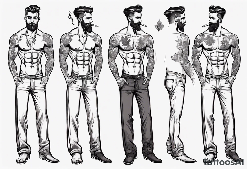 One handsome man in underwear, full-length, no hat, earrings in his ears stands smoking a cigarette tattoo idea