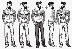 One handsome man in underwear, full-length, no hat, earrings in his ears stands smoking a cigarette tattoo idea