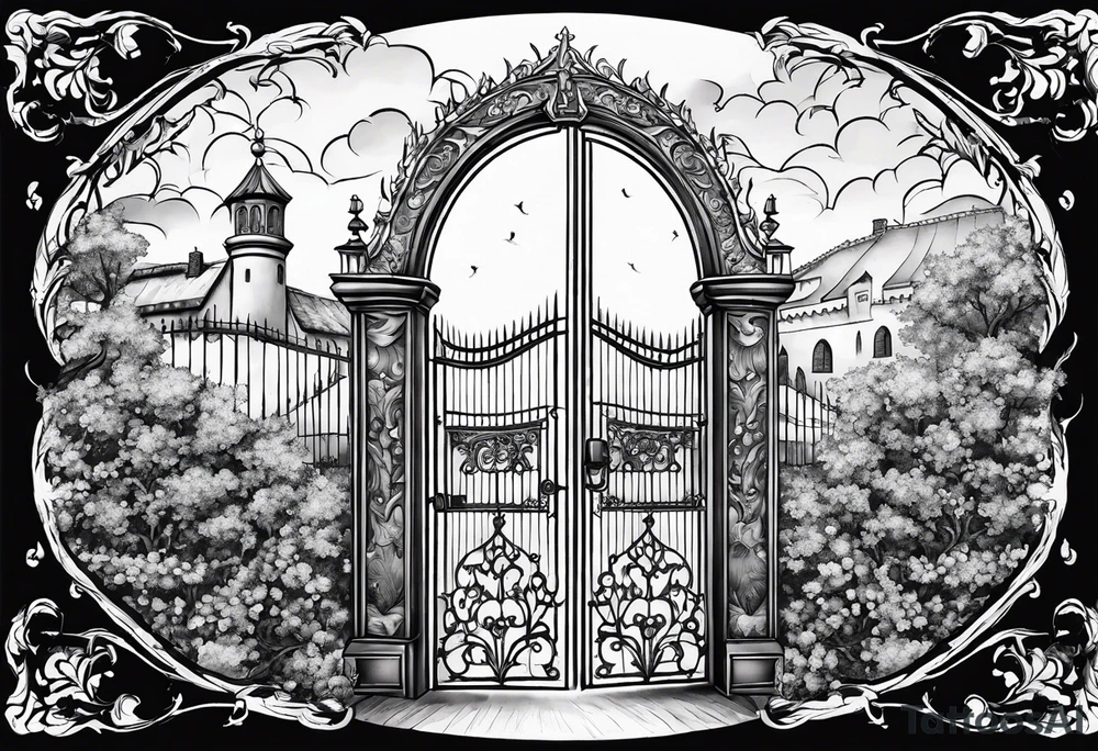 night medieval town garden gate entrance
in circle vignette surrounded by clouds floral tattoo idea