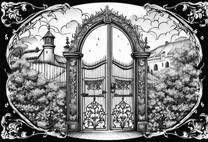 night medieval town garden gate entrance 
 in circle vignette surrounded by clouds floral tattoo idea