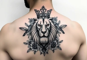 powerful majestic lion with a crown, surrounded by floral ornaments and birds tattoo idea