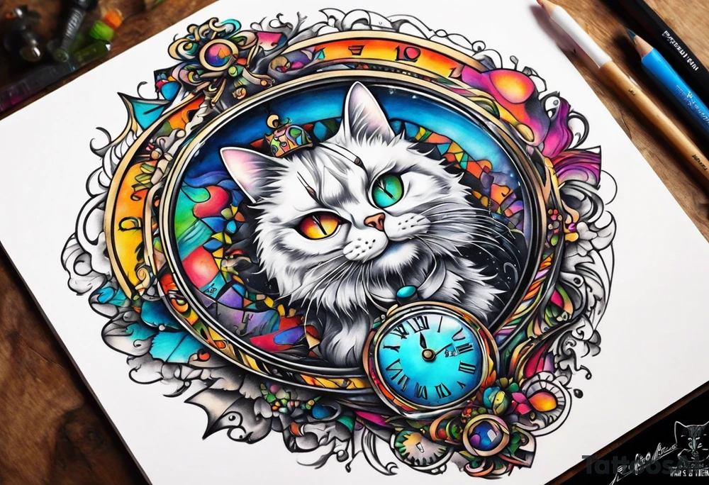 Semicolon chester cat broke clock hour glass tattoo idea